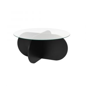 Calicosy Table basse pieds croisés et plateau en verre D75 cm - Effet Bois noir