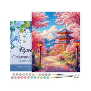 Peinture au num&eacute;ro : Route des Cerisiers en Fleurs vers la Pagode - Toile tendue sur ch&acirc;ssis