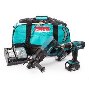 Makita DLX2025M Perceuse visseuse à percussion DHP453Z + perforateur burineur SDS plus DHR202Z + 2 batteries 18V 4Ah Li-ion + sac de transport