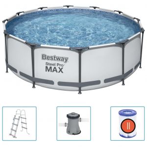 Bestway Steel Pro MAX - Piscine tubulaire avec pompe de filtration et &eacute;chelle de piscine - 366x100 cm - Ronde - Gris