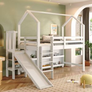 Lit mezzanine enfant 90x200 cm, avec toboggan, compartiments de rangement+étagères de rangement, bois+MDF, sans matelas, blanc