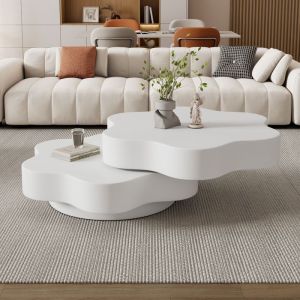 Table basse en forme de fleur 74.8x67.5x31 cm - Plateau pivotant &agrave; 360&deg; - Design double couche - Blanc