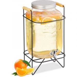 Relaxdays Distributeur de boisson avec support, récipient à limonade, 8 l, robinet et couvercle, distributeur d'eau, verre, transparent/noir