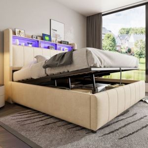 Lit Double 160x200 cm - Capitonn&eacute; - LED et USB - Coffre Hydraulique - Tissu Lin Beige