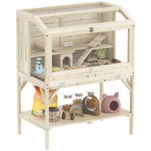 Pawhut Cage hamster en bois - 2 niveaux - &eacute;tag&egrave;re de rangement couvercle ouvrant plateau bascule rampe - bois naturel