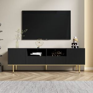Meuble TV moderne - avec 2 portes et 2 tiroirs - pieds en métal - Noir