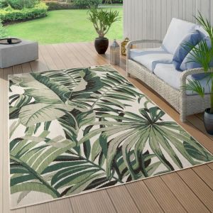Paco Home - Tapis Exterieur Terrasse Salon Cuisine Palmiers Jungle Fleuri Motif Boho Vert 160 cm rond, Vert 10
