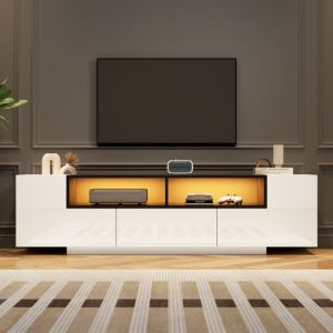 Meuble TV haute brillance 180x40x48 cm - avec &eacute;clairage LED - 1 tiroir et 2 portes - pour t&eacute;l&eacute;viseurs 75 pouces - blanc