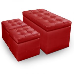 Image de Declikdeco Banquette Coffre & 2 Poufs "Henriette" 85cm Rouge