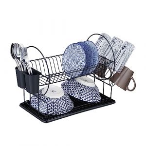 Image de Relaxdays Égouttoir pour la Vaisselle (Assiettes, Tasses, Bols, etc.), 2 Niveaux, Plateau, HLP : 33,5x51x23,5 cm, Noir