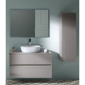 Pegane Ensemble de salle de bain coloris taupe avec vasque à poser + miroir + colonne - Longueur meuble 100 x Profondeur 46 x H