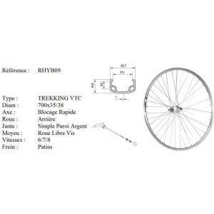 Velox Roue 28 vtc arriere jante alu simple paroi argent frein patin moyeu alu blocage rapide roue libre 5 6 7 8v