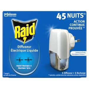 Raid Prise Anti-Moustiques Électrique Liquide Répulsif Moustiques et Moustiques Tigres 45 Nuits - 1 Diffuseur + 1 Recharge