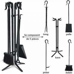 Image de Serviteur de C minée 5 Pièces en Fer Forgé Durable et Robust, Accessoires de C minée Compact pour Poêle à Bois en Forme de Canne, Noir Costway