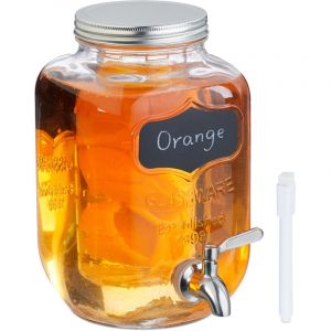 Relaxdays Distributeur de Boisson, avec Tube pour Fruits ou glaçons, Robinet et Couvercle, Transparent