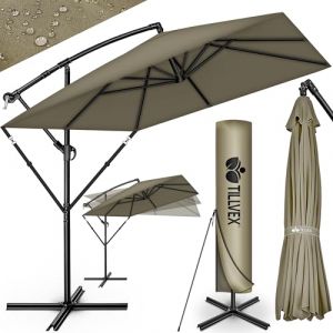 Tillvex Parasol déporté Rectangulaire Ø 330 cm + Housse de Protection & contre le vent | Parasol à manivelle carré avec support | Parasol de jardin Extérieur Anti-UV en aluminium