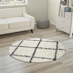 Paco Home Tapis À Poils Longs, Shaggy Doux Salon Style Scandinave Avec Motif Losanges 120 cm rond, Crème