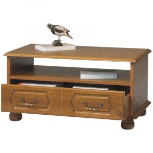 Table Basse Ch&ecirc;ne Rustique Rectangle 2 Tiroirs 1 Niche L 82.4 H 42 P 46.5 cm