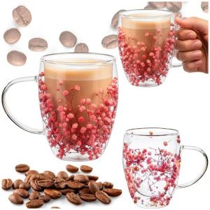 Verre Thermique &Agrave; Double Fond 300 Ml Avec Fleurs, Tasse &Agrave; Caf&eacute; Et Th&eacute;, Avec Anse