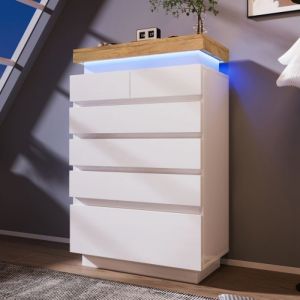 Image de Commode, Buffet Brillant Avec 6 Tiroirs, &Eacute;clairage Led (Command&eacute; Par L'application), 115 X 73 X 39 Cm, Blanc