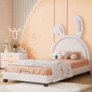 Modfu - Lit mezzanine 90x200cm, lit enfant avec toboggan, pin + mdf, lit simple, sans matelas, blanc + marron
