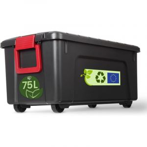Iris Ohyama Malle, Bo&icirc;te de rangement plastique, avec Couvercle et Clips de fermeture, 75L, A l'unit&eacute;, Empilable, Roues, Sans BPA, Grenier, Cabanon, Garage, SIA-75, Noir