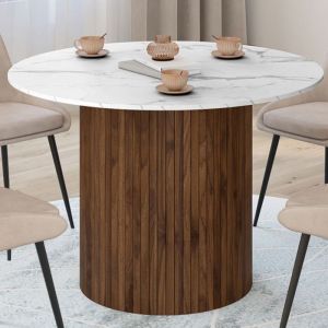 Idmarket Table &agrave; manger ronde JULIETTE 6 personnes pied central effet lattes noyer et plateau effet marbre blanc ALASKA 110 cm