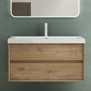 Mai&mai - Meuble de Salle de Bain Marron Clair avec Lavabo Meuble sous Vasque 100x48x55cm Meuble Suspendu avec 2 Tiroirs Rimo