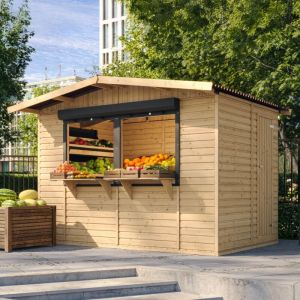 TIMBELA M150Z Maison de jardin en bois, Étal de marché en bois, Grand stand de vendeur avec comptoir 263 x 336 cm / 6 m2