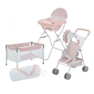 Teamson Olivia's Little World Station De Nurserie 3pcs Lit Bebe Chaise Haute Et Poussette Rose Gris