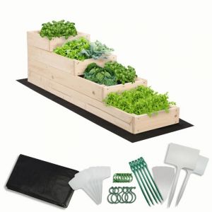 MODO24 Carr&eacute; potager sur&eacute;lev&eacute; en bois, 4 niveaux en cascade, 36x30x120 cm, jardin/terrasse, kit jardinier inclus, naturel