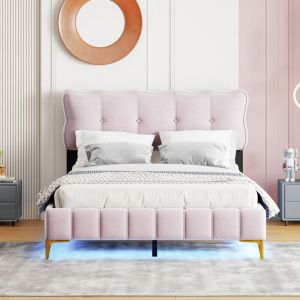 Wishdor - Lit adulte capitonné double 140 x 200 cm en velours avec éclairage led et sommier à lattes, pieds hauts en métal, rose, sans matelas