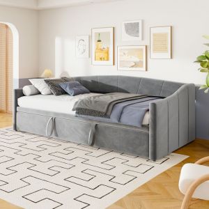 Lit gigogne - TANANT - 90x200 cm - Canap&eacute; lit convertible - Velours gris - 2 places