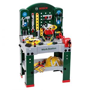 Klein Theo 8513 Etabli Bosch Work-Station avec Casque, Casque Anti-Bruit, Lunettes, etc. - Nombreux Outils, Set de Construction, etc. - Dimensions : 61 x 44,5 x 101 cm - pour Enfants d&egrave;s 3 Ans