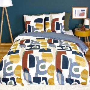Coté Déco Parure de lit 220x240 cm imprimée adulte - Housse de Couette + 2 Taies d'oreiller motif imprimé géométrique bleu jaune –microfibre