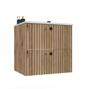 TIGO - Meuble sous lavabo 2 tiroirs ch&ecirc;ne fa&ccedil;ade rainur&eacute;e + lavabo