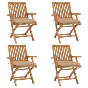 VidaXL 4 pcs. chaises de jardin pliantes en teck avec accoudoirs et coussins de 4 cm. en couleur beige