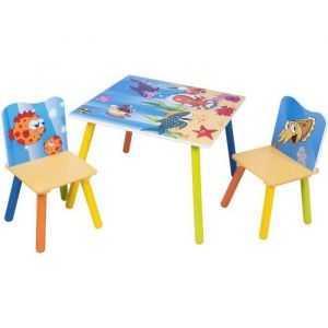 Image de WOLTU Ensemble table et chaises avec motifs imprimé océan, 1 x table d’enfant + 2 chaises pour enfants d’âge préscolaire