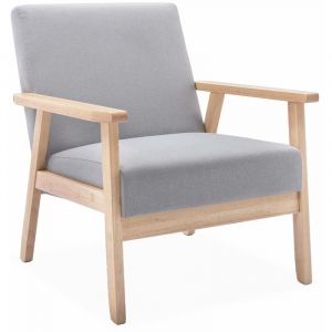 Alice's Garden Fauteuil scandinave en bois et tissu gris clair. Isak. L 64 x P 69.5 x H 73cm