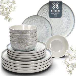 Service de Vaisselle en Grès Ibiza 36 pièces –Ensemble de Vaisselle pour 12 Personnes, Adapté au Lave-Vaisselle et au Micro-Ondes, Pure Living beige clair, Assiettes Service de Table