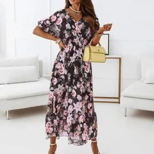 Robe Femme Mode Manches Courtes Col En V Fleurs Imprimé Plage Loisirs Longue Le Noir Xxl