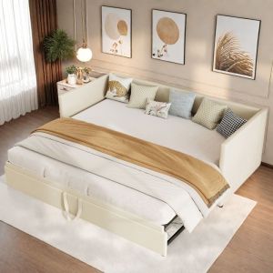 Lit gigogne 90/180x200 cm - Lit 2/3 places convertible - Canap&eacute;-lit gigogne velours- Canap&eacute;-lit extensible avec sommiers - Beige