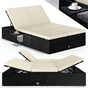 Casaria - Chaise longue double extr&eacute;mit&eacute;s r&eacute;glables bain de soleil 2 personnes polyrotin chaise d'ext&eacute;rieur confortable Noir cr&egrave;me