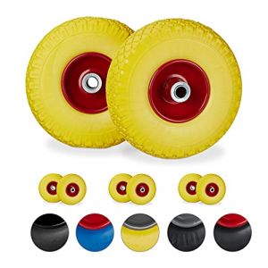 Relaxdays Roue de diable, lot de 8, roue de brouette caoutchouc, pour axe de 20 mm, 3.00-4, 260 x 85 mm, jaune-rouge