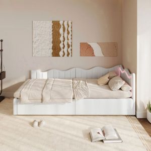 Canap&eacute; Lit Convertible 1 Place Teddie - Blanc - LED 7/9 Couleurs - Rangement Int&eacute;gr&eacute; - Design Ondul&eacute;