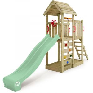 Wickey Aire de jeux Portique bois JoyFlyer avec toboggan Maison enfant exterieur avec bac à sable, échelle d'escalade & accessoires de jeux - vert