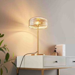 Kosilum Lampe &agrave; poser vintage laiton et verre ambr&eacute; stri&eacute; - Aur&eacute;line