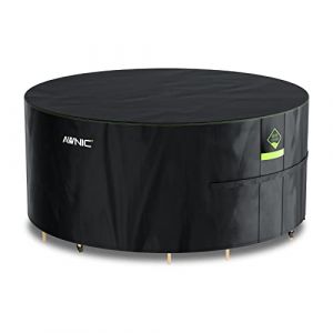 Awnic Housses de Meubles de Jardin imperméables avec Crochets Oxford 420D, Housses de Table d'extérieur Anti-UV Coupe-Vent, Rond Noir Ø215 x 71 cm