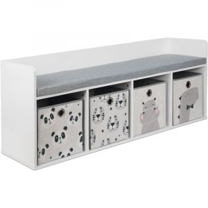 Relaxdays Banc de Lecture pour Enfant avec Rangement, H54×L142×P32 cm, 4 boîtes, Motifs Animaux, Coussin, Blanc/Gris