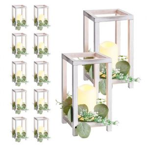 Lot de 12 Lanternes en Bois pour Mariage-Duoku-avec Bougies LED sans Flamme et Couronnes de Fleurs Artificielles-Blanche